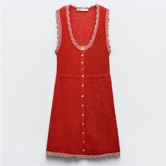 Zara Red White Pointelle Knit Scallop Hem Mini Dress Small Blogger Favorite - Picture 3 of 15